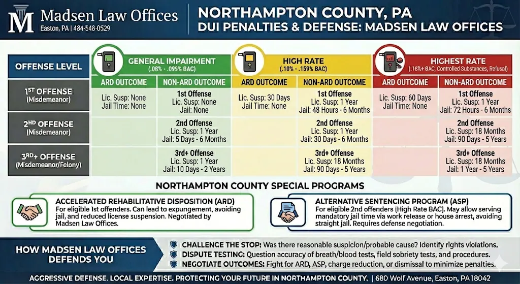 Infographic comparing Pennsylvania DUI penalty tiers and Northampton County diversion programs