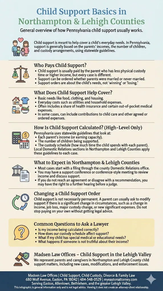 Infographic explaining child-support basics in Northampton and Lehigh Counties
