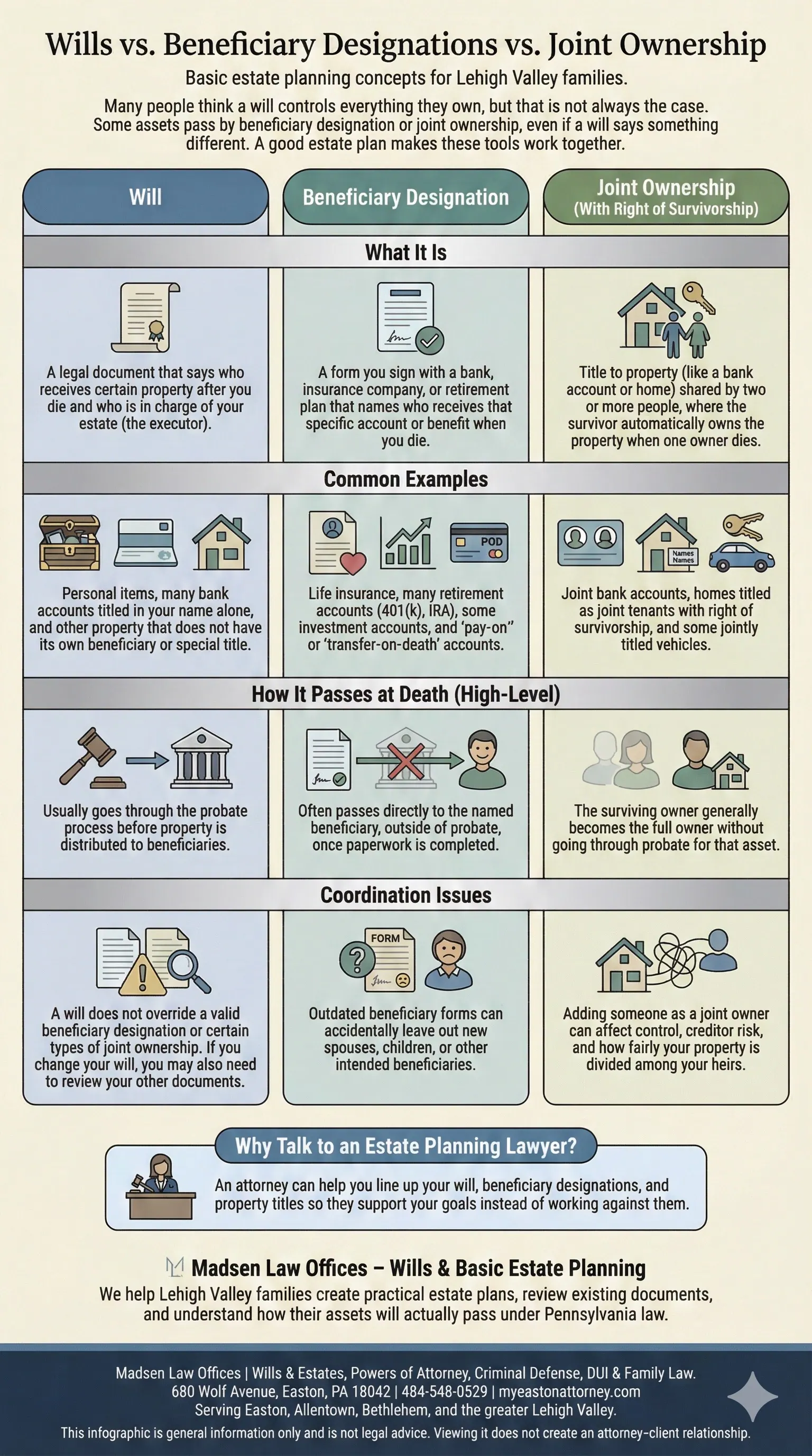 Infographic comparing wills, beneficiary designations, and joint ownership
