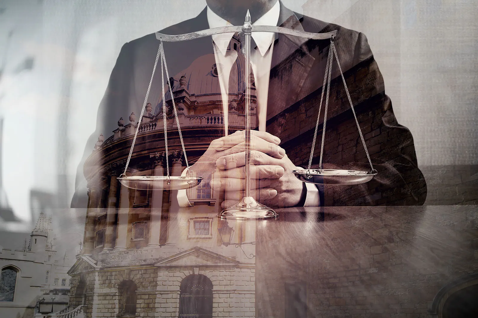 Scales of justice, a lawyer, and a courthouse in double exposure