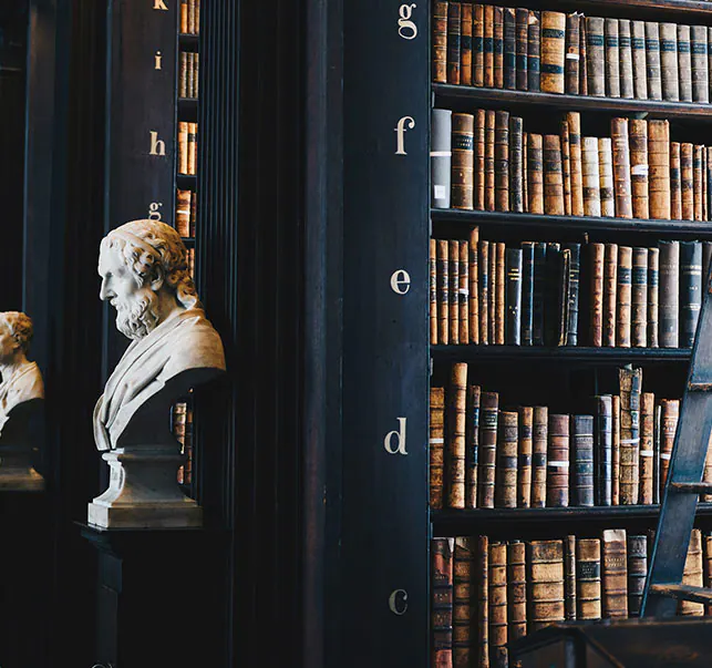 Classical statue in a law library