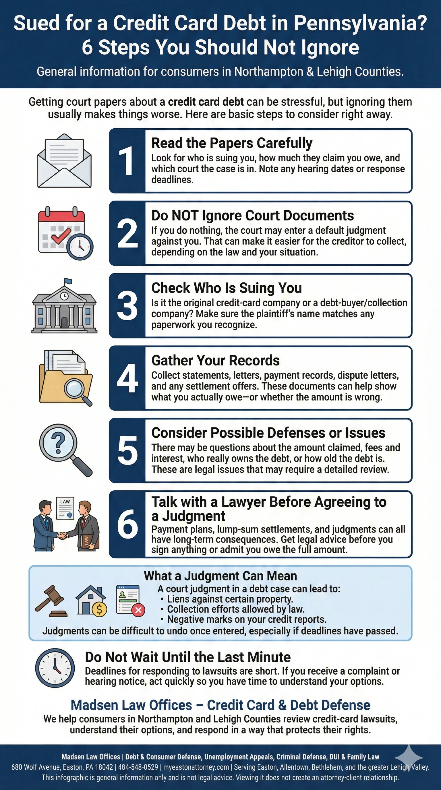 Infographic listing six steps to take after being sued for credit-card debt in Pennsylvania
